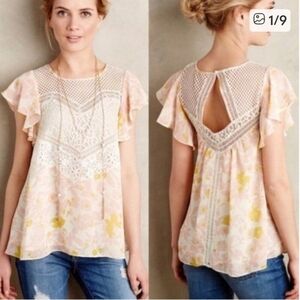 Anthropolgie HD in Paris Flutter Flores Blouse Pink and Mustard Floral Print